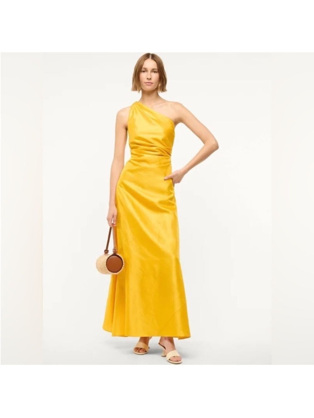 STAUD One-Shoulder Satin Gown in Bright Yellow